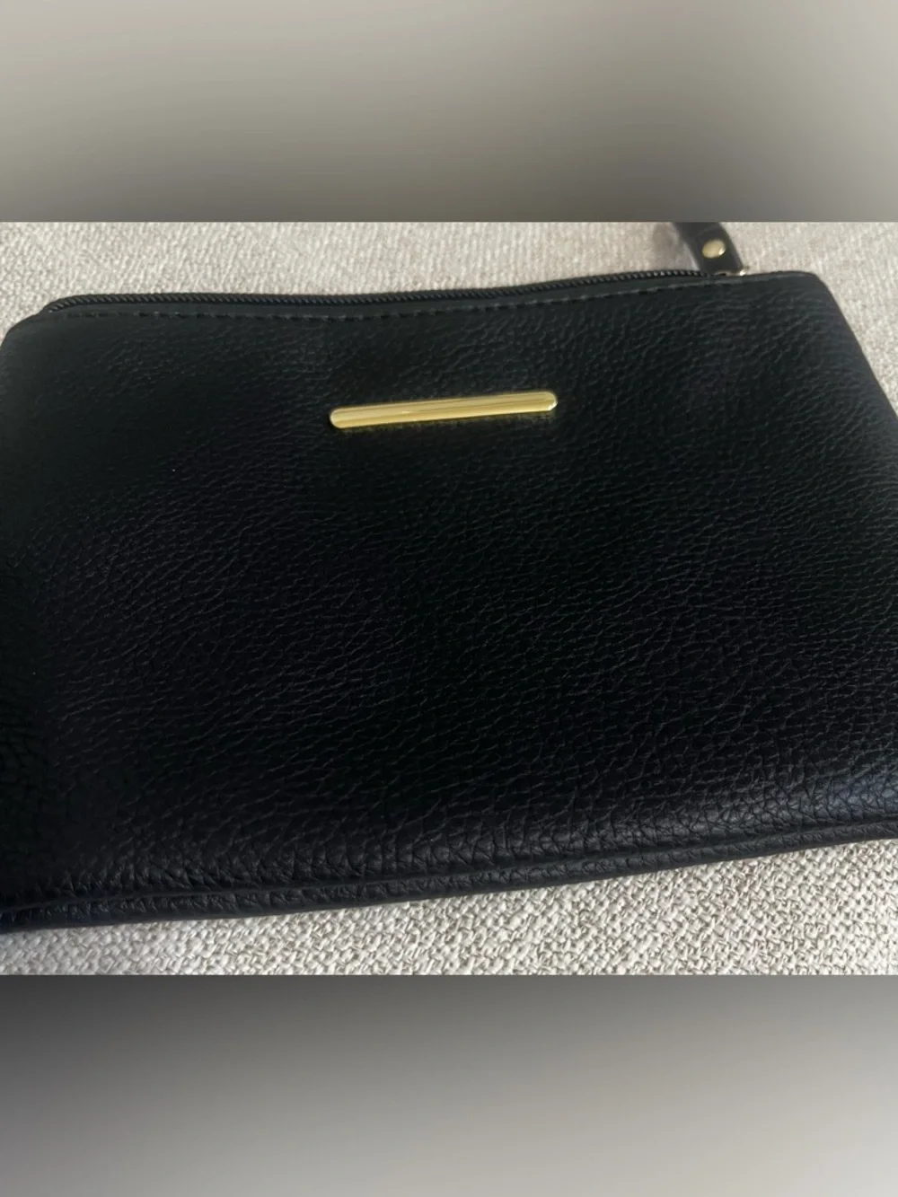 Black Pebbled Leather Wristlet Clutch with Gold Accent